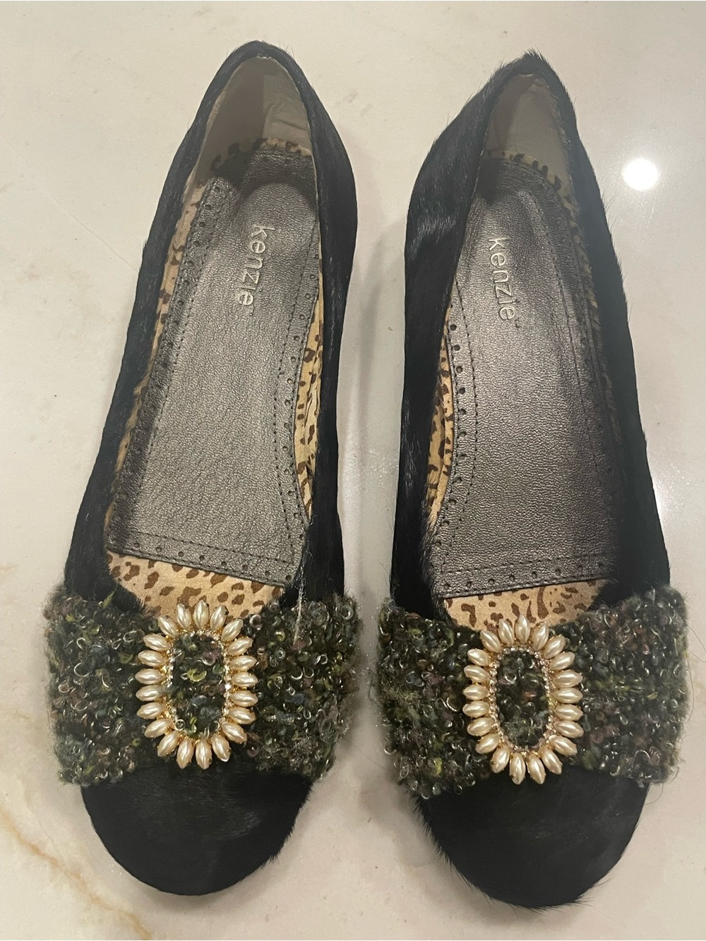 kenze Black Flats with Green Bouclé Strap and Pearl Oval Embellishment
